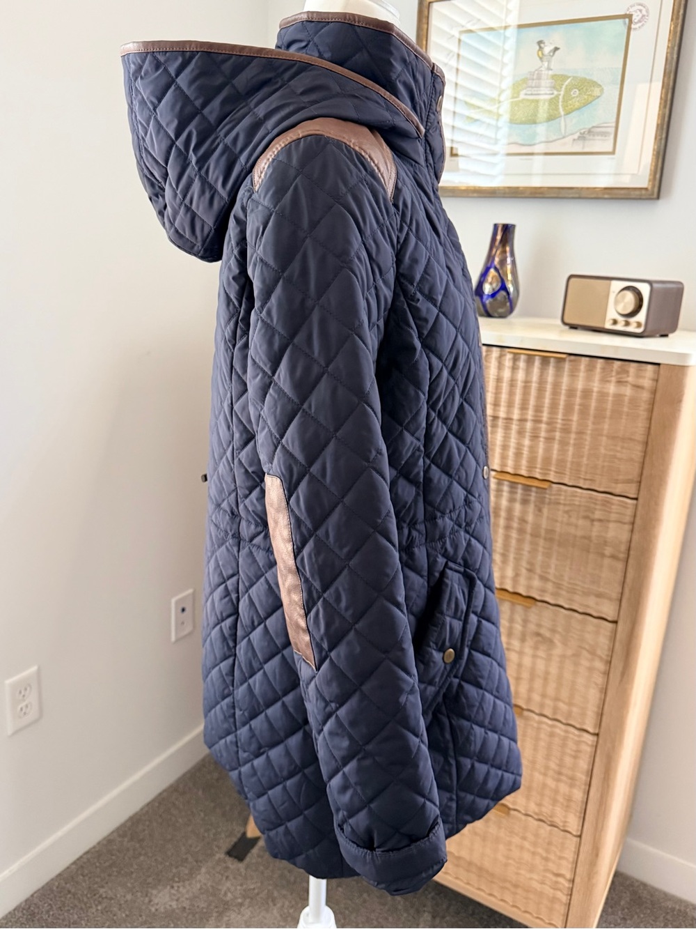 Lauren Ralph Lauren Navy Quilted Hooded Coat with Brown Trim - Picture 4 of 9